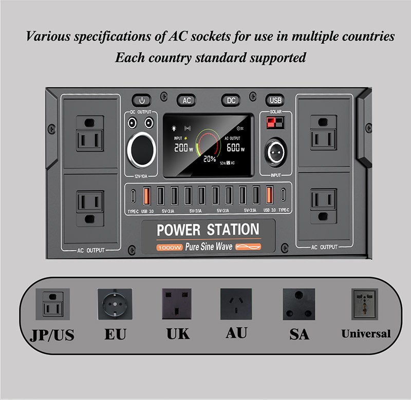 여러 국가에서 사용 가능한 저렴한 휴대용 전원소 1200W AC 양말